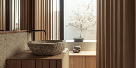 A modern bathroom design with natural wood and stone elements