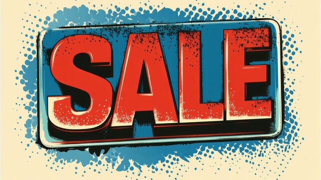 This striking sale banner features bold red letters against a textured blue backdrop, effectively drawing customers in for promotions in stores