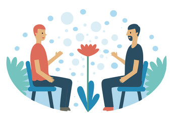 Two men sitting on chairs, talking and exchanging speech bubbles, discussing a project or having a friendly conversation