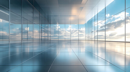 This image showcases a modern, open space with large glass windows reflecting the sky