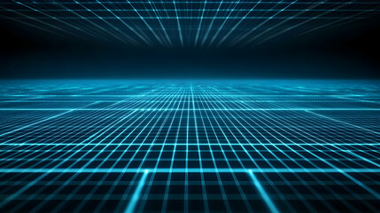 A futuristic digital landscape featuring glowing blue grid lines creating a sense of depth and perspective. Ideal for use in technology, science fiction, or digital artwork.