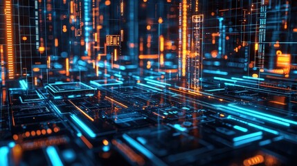 Obraz premium Abstract blue and orange digital circuit board, symbolizing innovation and technology advancement. Perfect for computing, AI, data processing, and engineering.