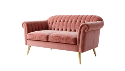 Blush Pink Velvet Loveseat with Channel Tufting and Tapered Legs Isolated on Transparent Background