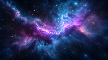 A mesmerizing cosmic scene featuring vibrant colors of purple, blue, and pink swirling in deep space, depicting the beauty of the universe and the mystery of galaxies.