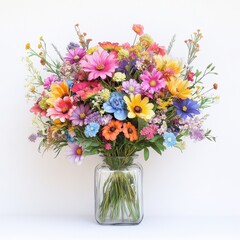 Fototapeta premium Vibrant Arrangement of Colorful Flowers in Glass Vase on White Background