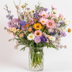 Naklejka premium Vibrant and Colorful Flower Bouquet in Glass Vase on White Background