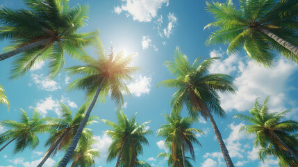 A stunning view of tall palm trees reaching towards a bright blue sky, accented by fluffy white clouds and warm sunshine, creating a perfect tropical atmosphere for relaxation.