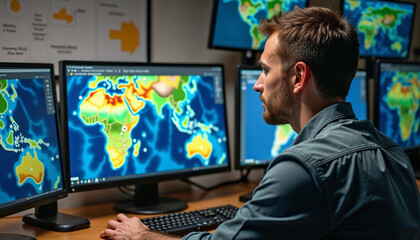 Meteorologist analyzing weather patterns on multiple screens in office, professional environment, focused work