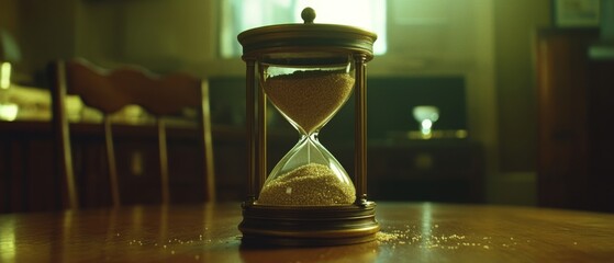 Timelessness is encapsulated in an elegant hourglass, its sand slipping steadily, set against a warmly lit room that evokes nostalgia and contemplation.