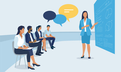 Presentation, education, learning business illustration. The business team listens to the teacher.
