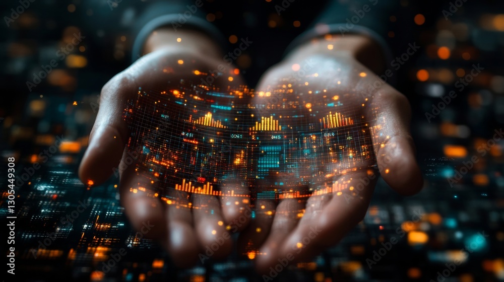 Poster businessman holds data-driven tech insights. modern digital graphs, numbers float in hands. informed