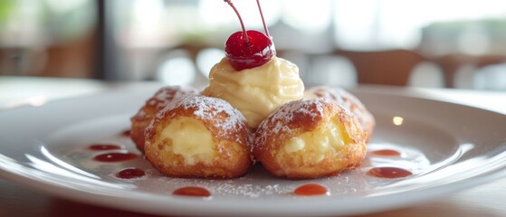 Warm golden pastries filled with cream, topped with a cherry, artfully plated and dusted with sugar, promise a delightful culinary experience.