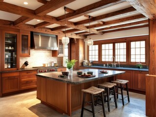 A spacious kitchen features dark wooden elements and a large island