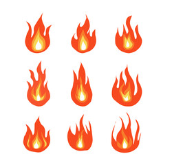 Collections of fire vector flame, set of silhouettes of  colorful fire icons isolated on white background.
