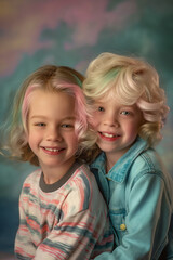 Two young children with pastel-highlighted hair share a warm embrace in a dreamy studio portrait. A stylish and artistic representation of childhood joy.