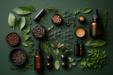 An abstract representation of natural medicine, featuring lush green leaves, a mortar and pestle, and interconnected molecular structures.