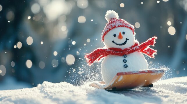 Smiling snowman on sled with red scarf and hat, symbolizing winter joy. Great for holiday marketing, greeting cards, and seasonal promotions.