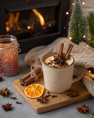  "A warm, cozy setting with a close-up of a Christmas cocktail in a mug, garnished with cinnamon sticks, star anise, and a slice of orange. The background features a softly lit fireplace and holiday .