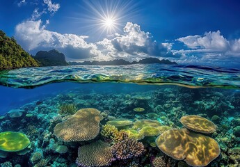 Underwater Coral Reef Scene with Vibrant Marine Life and Bright Sunlight Above the Water Surface in a Tropical Paradise
