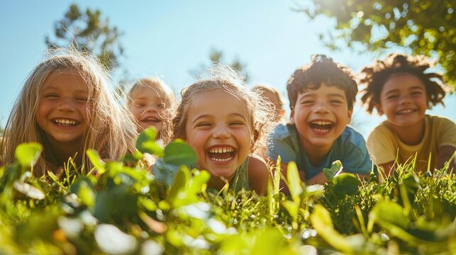 Laughing diverse children in grass, embodying carefree childhood joy. Ideal for advertising family activities, outdoor education, and child development programs.