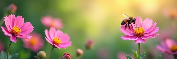 Beautiful background of blooming flowers with adorable bees pollinating, garden, bees