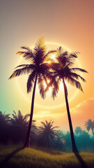 Two palm trees in the light of the setting sun