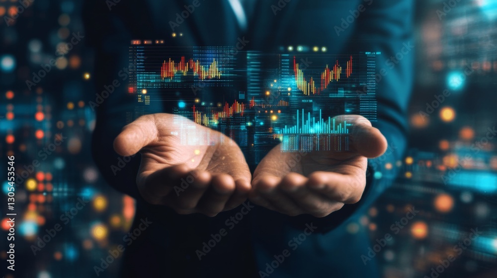 Poster businessman holds data-driven tech insights. modern digital graphs, numbers float in hands. informed