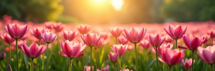 Obraz premium Breathtaking field of pink lilies under the sunlight, landscape, blooming