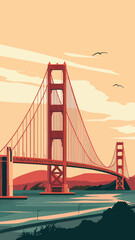 Fototapeta premium Golden Gate Bridge at Sunset Minimalist Vector Illustration, Iconic San Francisco Landmark Art