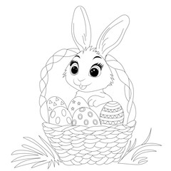 Coloring page with bunny, basket and Easter eggs near the grass, springtime and holiday, coloring book for kids 