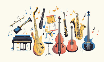 Fototapeta premium Vibrant Vector Music Composition Featuring Diverse Instruments and Notes