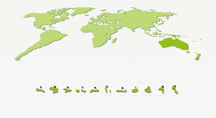 Oceanian Maps and Flags in Isometric Style. Isometric Maps Collection