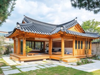 Obraz premium Traditional wooden structure with a tiled roof and open air design
