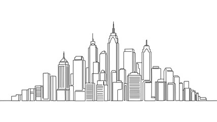 Modern city skyline buildings. Skyscrapers urban landscape. Architecture real estate business branding. One line art minimal drawing white background vector illustration