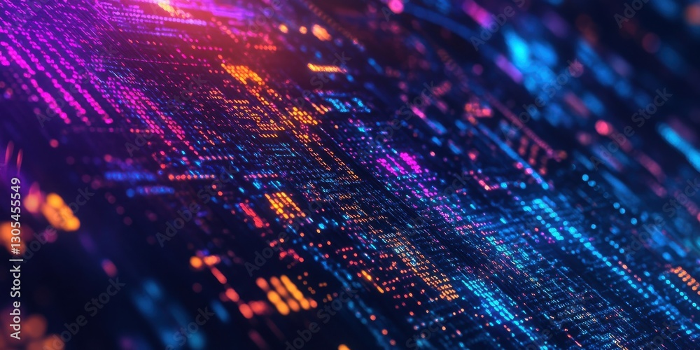 Poster vibrant abstract digital background with bright glowing particles and lines in vivid colors for tech