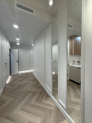 Bright hallway features sleek doors and subtle decorative wall elements. The flooring combines natural wood tones, while soft lighting creates a warm ambiance.