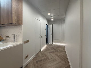 A contemporary apartment interior showcases a spacious layout with sleek wooden flooring and modern lighting fixtures. The kitchen area features minimalist cabinetry for a clean look.