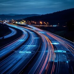Blurred Motion of Illuminated Highway at Night with Vibrant Light Trails