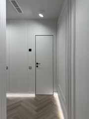 Bright hallway features sleek doors and subtle decorative wall elements. The flooring combines natural wood tones, while soft lighting creates a warm ambiance.