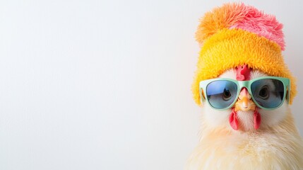 Obraz premium Funny Chicken in Colorful Hat and Sunglasses on White Background