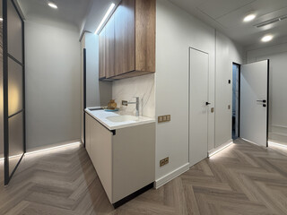 A contemporary apartment interior showcases a spacious layout with sleek wooden flooring and modern lighting fixtures. The kitchen area features minimalist cabinetry for a clean look.
