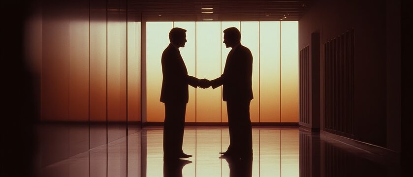 Two silhouetted figures engage in a diplomatic handshake in an elegantly lit corridor, symbolizing agreement and mutual understanding.