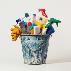 Vibrant Collection of Cleaning Supplies and Tools in a Rustic Metal Bucket for Home and Office Cleaning Tasks, Organized and Ready for Use