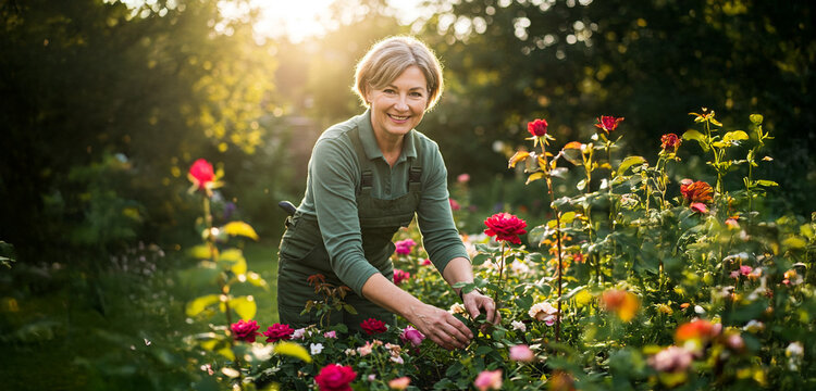 Eine Frau schneidet einen Rosenstrauch bei wundersch&ouml;nem Wetter