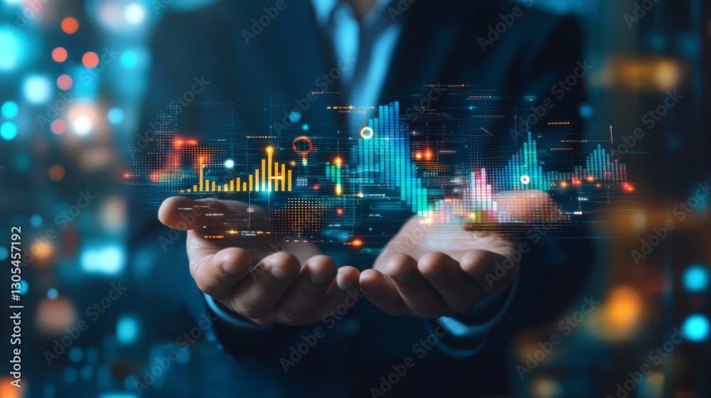 Poster businessman holds data driven tech insights graph. modern digital graphs, numbers float in hands. in