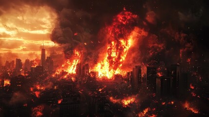 Obraz premium Burning city skyline engulfed in flames, symbolizing catastrophic destruction. Suitable for disaster recovery, climate change awareness, and apocalyptic scenarios.