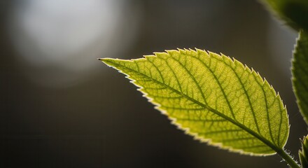 Closeup of Bright Green Leaf with Veins Showing in Soft Light