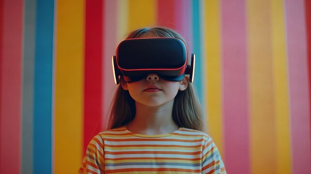 Young girl wearing a VR headset, excited and immersed in a digital world, with a colorful striped background, representing playful technology and virtual reality experiences for kids