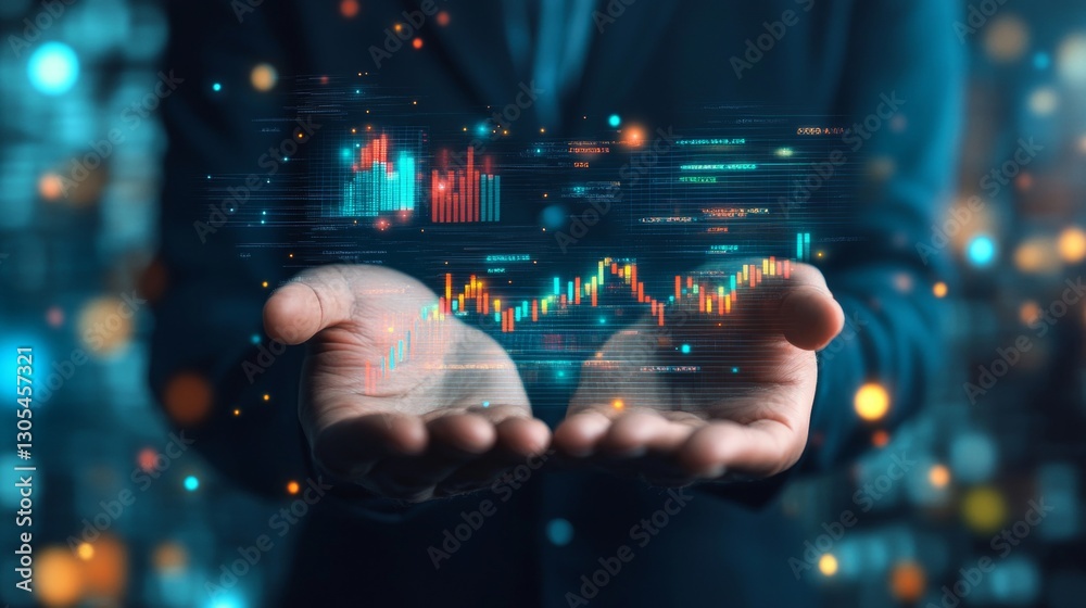 Poster businessman holds data-driven tech insights. modern digital graphs, numbers float in hands. informed