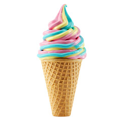 Rainbow swirl ice cream in a waffle cone, isolated on a transparent background.